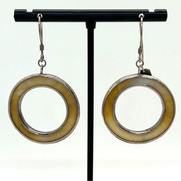 Sterling Silver Earrings Enamel Large Hoop Bohemian Style Signed LG Statement - Picture 1 of 11
